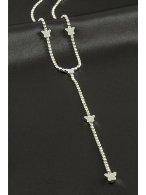 Zero Land Drnds Kelebek Şerit Taşlı Çelik Y Kolye - Gümüş Rengi