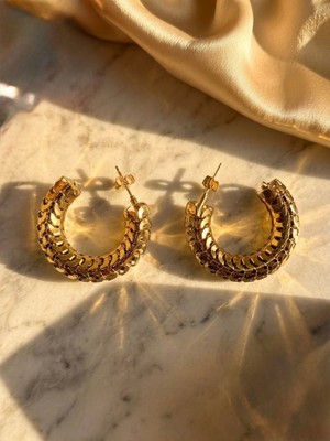 Meneva Aksesuar Altın Gold Renk Örgü Desenli Halka Paslanmaz Çelik Küpe