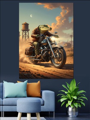 Tablomega Çölde Motosiklet Süren Kaslı Timsah Dekoratif Kanvas - Mdf Ahşap Tablo