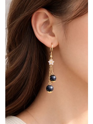 Aurevyn Design Yıldız Taşı Altın Kaplama Çiçek Detaylı Sallantılı Kadın Küpe