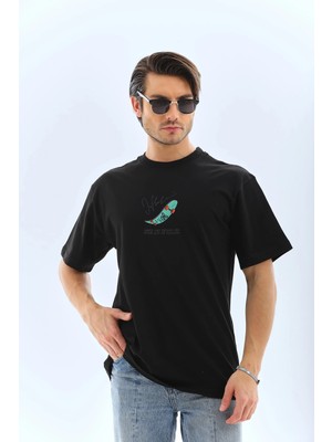 Erkek Kısa Kol Baskılı Bisiklet Yaka T-Shirt - Siyah