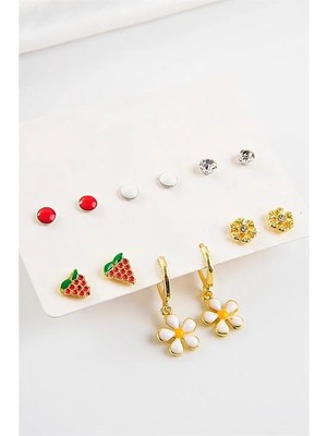 Euromoda Papatya Çilek ve Kar Tanesi Tasarımlı Tektaş ve Renkli Top Küpeli Küpe 12LI Seti