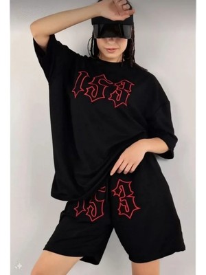 Marsilyan- Unisex Nakış Işlemeli Şort Takım - Siyah