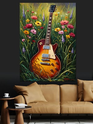 Tablomega Çiçek Bahçesinde Duran Elektro Gitar Dekoratif Kanvas - Mdf Ahşap Tablo