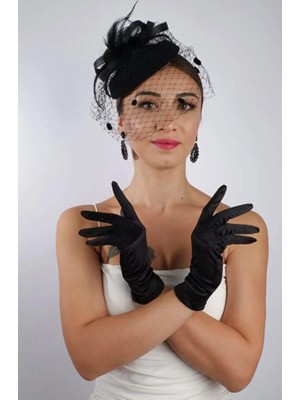 Hayalperest Boncuk Saten  Gelin Eldiveni Düğün Nikah Aksesuarı Fascinator Şapka Seti