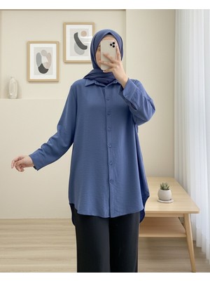 Modamorfo Arkası Uzun Düğmeli Poplin Gömlek -Indigo