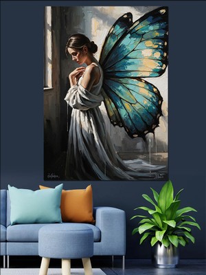 Tablomega Mavi Kanatlı Melek Kadın Portresi Dekoratif Kanvas - Mdf Ahşap Tablo