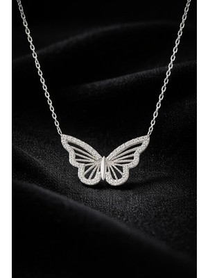 Genel Zirkon Taşlı Kelebek Kolye Gümüş Renk Paslanmaz Çelik – Kararmaz, Anti Alerjik, Suya Dayanıklı