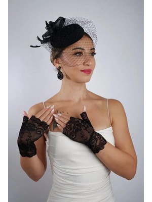 Hayalperest Boncuk Siyah Parmaksız Dantelli Gelin Eldiveni Düğün Nikah Aksesuarı Fascinator Şapka Seti