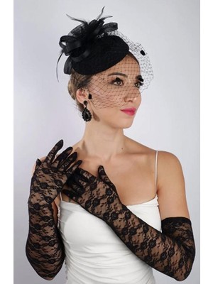 Hayalperest Boncuk Siyah Uzun Dantelli Fiyonklu Gelin Eldiveni Düğün Nikah Fascinator Şapka Seti