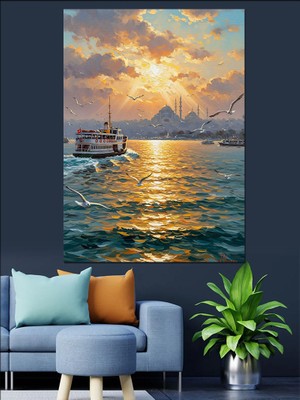 Artmeg Gün Batımında Deniz ve Tekne Dekoratif Kanvas - Mdf Ahşap Tablo