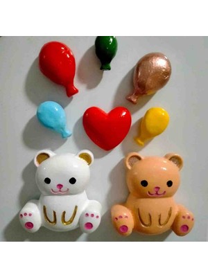 Sekizli Magnet Ayıcık Sevgili, Kalp Balon Magnet Buzdolabı Mıknatısı Süsü