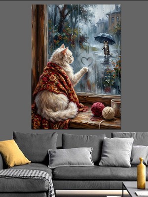 Tablomega Pencere Önünde Kar Izleyen Kedi Dekoratif Kanvas - Mdf Ahşap Tablo