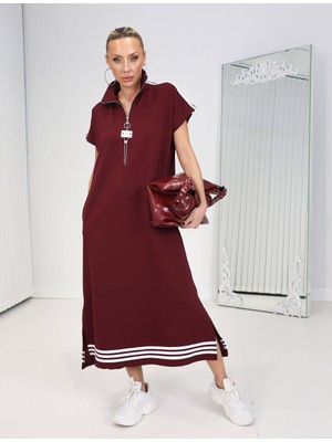 Qimya Butik Buketli Kadın Omzu ve Etek Ucu Şeritli Fermuarlı Dik Yakalı Cepli Aykollu Oversize Bol Kalıp Elbise