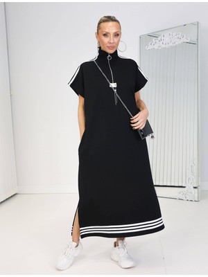 Qimya Butik Buketli Kadın Omzu ve Etek Ucu Şeritli Fermuarlı Dik Yakalı Cepli Aykollu Oversize Bol Kalıp Elbise