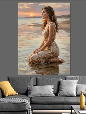 Tablomega Sahilde Oturan Beyaz Elbiseli Kadın Dekoratif Kanvas - Mdf Ahşap Tablo
