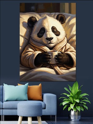 Tablomega Kahve Içen Karizmatik Panda Portresi Dekoratif Kanvas - Mdf Ahşap Tablo