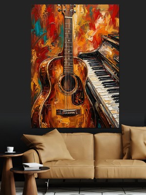 Tablomega Piyano Tuşları ve Akustik Gitar Dekoratif Kanvas - Mdf Ahşap Tablo
