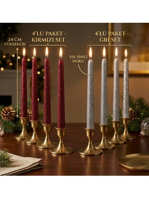 Melinee 24 cm Lüks Simli Çubuk Mum Seti - 4'lü Paket - Özel Gün ve Dekor Şık Tasarım (Kırmızı/gümüş Gri)