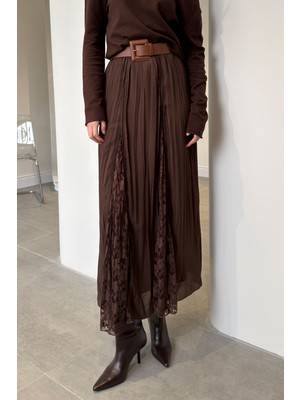 Magarde Premium Güpürlü Godeli Etek- Kahverengi