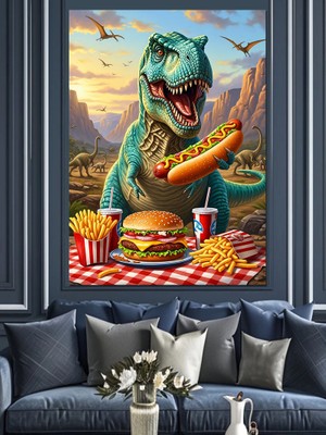 Artmeg Hot Dog Yiyen Komik Dinazor Tablosu Dekoratif Kanvas - Mdf Ahşap Tablo