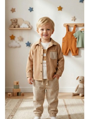 Cattac Kids Erkek Bebek %100 Pamuk 3'lü Takım Fitilli Gömlek, Baskılı Tişört ve Çizgili Pantolon