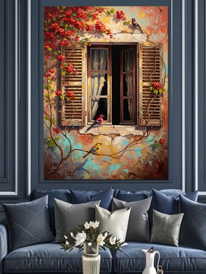 Tablomega Çiçekli Pencere ve Kırmızı Kuş Dekoratif Kanvas - Mdf Ahşap Tablo