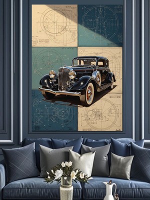 Artmeg Eskiz Plan Üzerinde Klasik Araba Dekoratif Kanvas - Mdf Ahşap Tablo