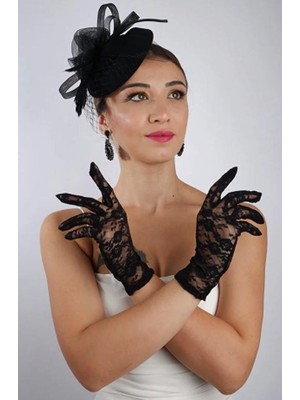 Hayalperest Boncuk Siyah Kısa Dantelli Gelin Eldiveni Düğün Nikah Aksesuarı Fascinator Şapka Seti
