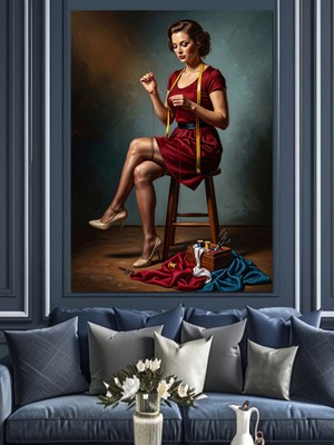 Tablomega Kırmızı Elbiseli Dikiş Diken Kadın Dekoratif Kanvas - Mdf Ahşap Tablo