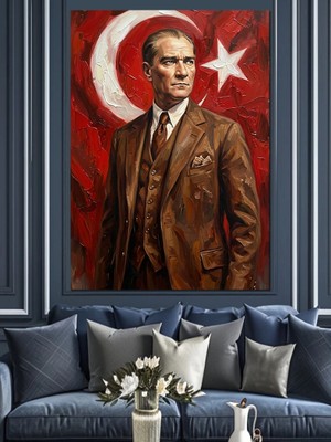 Artmeg Bayraklı Atatürk Portresi Sanatsal Çalışma Dekoratif Kanvas - Mdf Ahşap Tablo