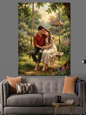 Tablomega Bahçede Salıncakta Oturan Aşık Çift Dekoratif Kanvas - Mdf Ahşap Tablo