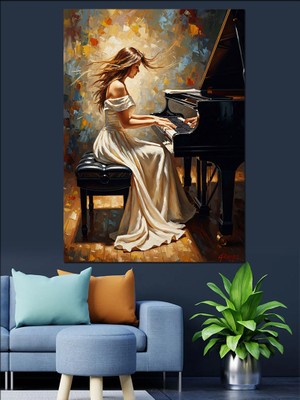 Artmeg Piyano Çalan Beyaz Elbiseli Kadın Dekoratif Kanvas - Mdf Ahşap Tablo