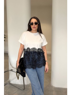 Magarde Eteği Dantel Detaylı Bluz- Beyaz