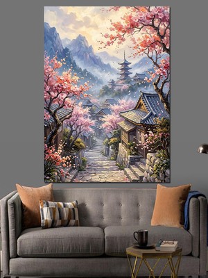 Artmeg Sakura Dalları Arasında Japon Köyü Dekoratif Kanvas - Mdf Ahşap Tablo
