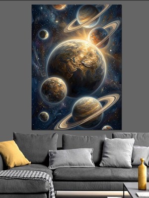 Tablomega Uzayda Parlayan Gezegenler ve Yıldızlar Dekoratif Kanvas - Mdf Ahşap Tablo