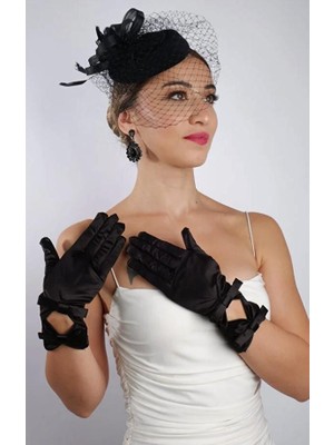 Hayalperest Boncuk Siyah Saten Çift Fiyonklu Gelin Eldiveni Düğün Nikah Aksesuarı Fascinator Şapka Seti