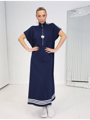 Qimya Butik Buketli Kadın Omzu ve Etek Ucu Şeritli Fermuarlı Dik Yakalı Cepli Aykollu Oversize Bol Kalıp Elbise