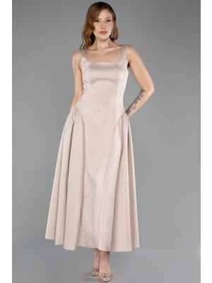 Abiyefon Kolsuz Kare Yaka Midi Davet Elbisesi ABK2519