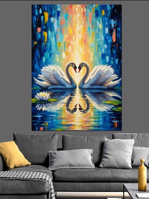 Tablomega Yıldızlı Gece Altında Iki Kuğu Dekoratif Kanvas - Mdf Ahşap Tablo