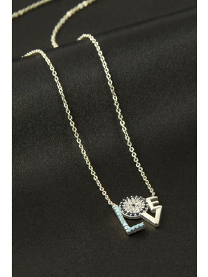 Zero Land Drnds Love Yazılı Zirkon Taşlı Kolye - Gümüş Rengi