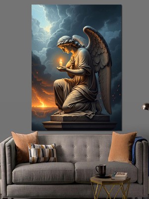 Artmeg Işık Tutan Kanatlı Melek Heykeli Dekoratif Kanvas - Mdf Ahşap Tablo