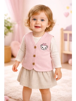 Almira Anne Bebek Bebek Yelekleri Pembe Panda Baskılı Düğmeli Kız Bebek Yeleği