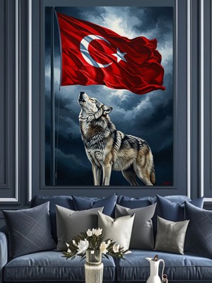 Artmeg Bayrak Altında Uluyan Bozkurt Figürü Dekoratif Kanvas - Mdf Ahşap Tablo