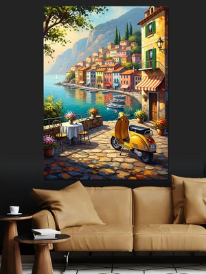 Tablomega Italya Sahil Kasabası ve Scooter Dekoratif Kanvas - Mdf Ahşap Tablo