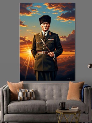 Tablomega Kalpaklı ve Üniformalı Atatürk Portresi Dekoratif Kanvas - Mdf Ahşap Tablo