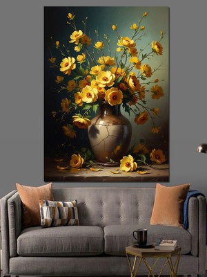 Artmeg Vazoda Sarı Çiçekler Natürmort Tablo Dekoratif Kanvas - Mdf Ahşap Tablo