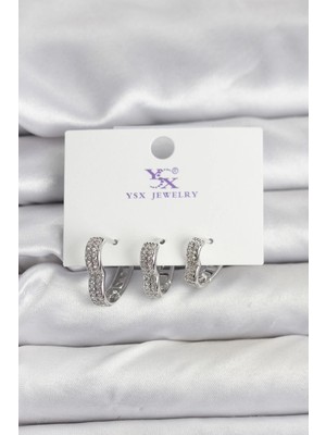 Bazarhane Gümüş Renk Pirinç Zirkon Taşlı Kalpli Kadın Küpe