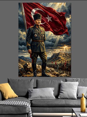 Tablomega Türk Bayrağı Önünde Atatürk ve Ordu Dekoratif Kanvas - Mdf Ahşap Tablo