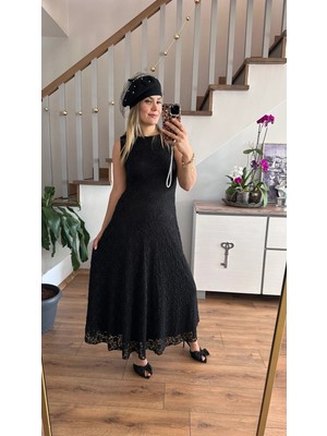 Qimya Butik Buketli Kadın Sıfır Yaka Kolsuz Astarlı Maxi Boy Uzun Dantel Elbise